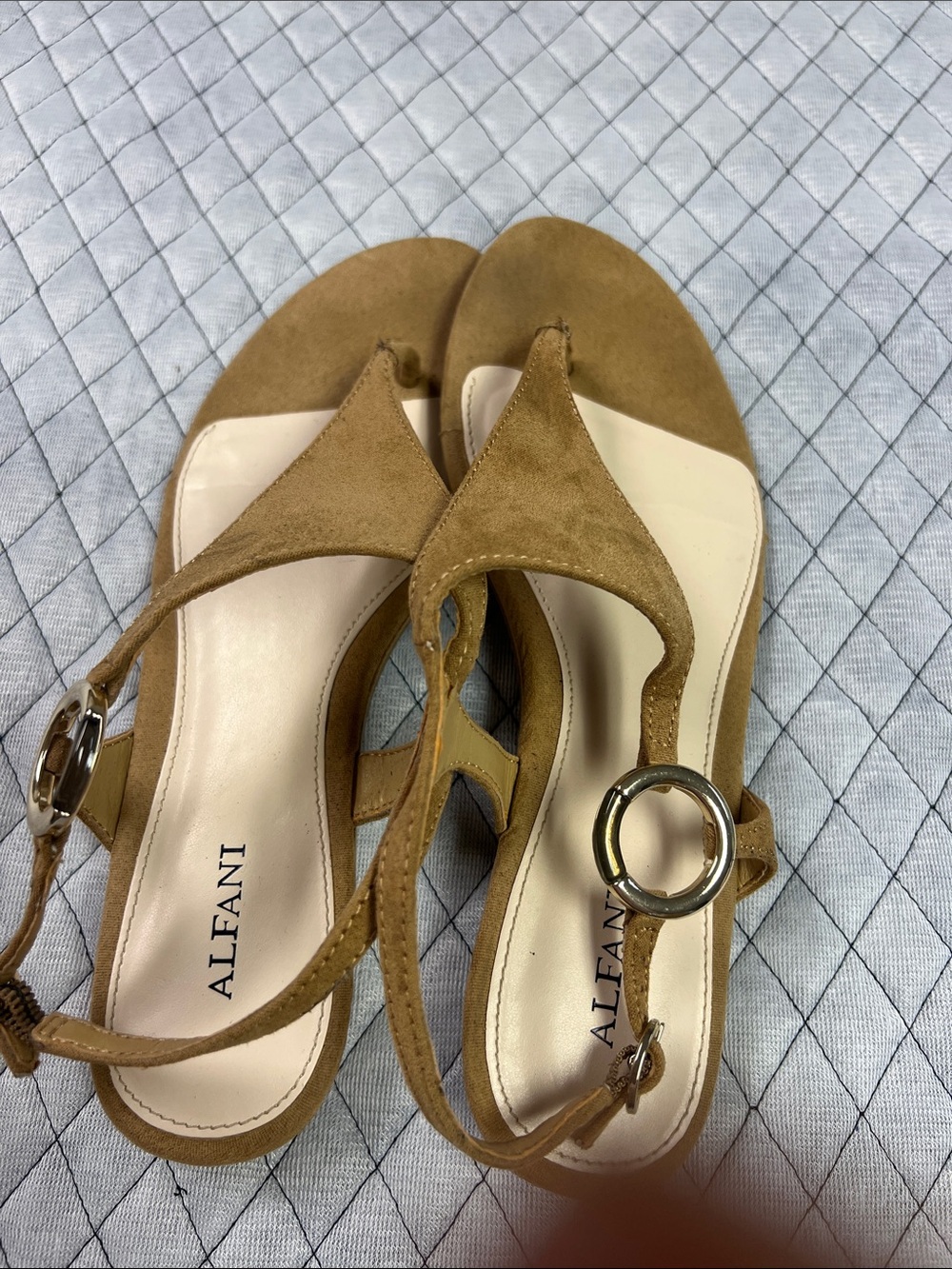 Alfani Tan Suede/cloth T-Strap Sandals with Round Silver Buckle